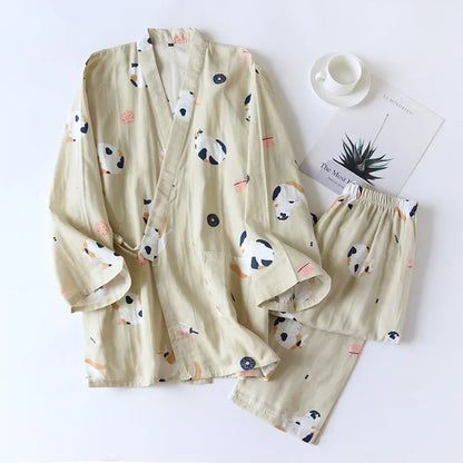 Seven-sleeve Japanese-style kimono pajamas set female spring and autumn 100% cotton gauze home clothes cute sweet two-p