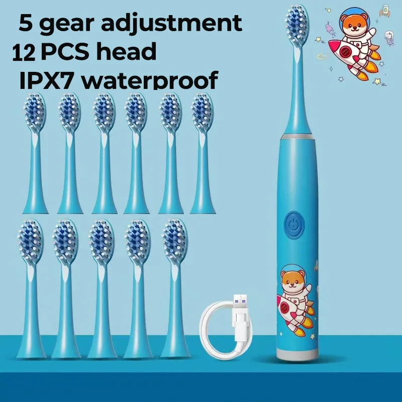 Children Electric Toothbrush Cartoon Kids With Replacement Head Ultrasonic IPX7 Waterproof Rechargeable Sonic Toothbrush