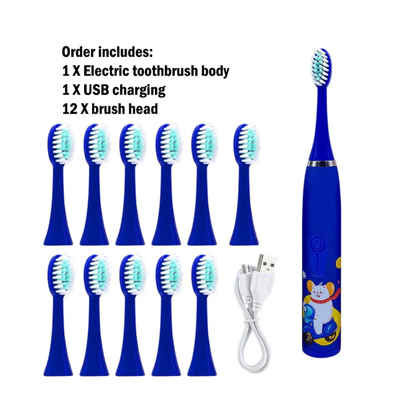 Children Electric Toothbrush Cartoon Kids With Replacement Head Ultrasonic IPX7 Waterproof Rechargeable Sonic Toothbrush