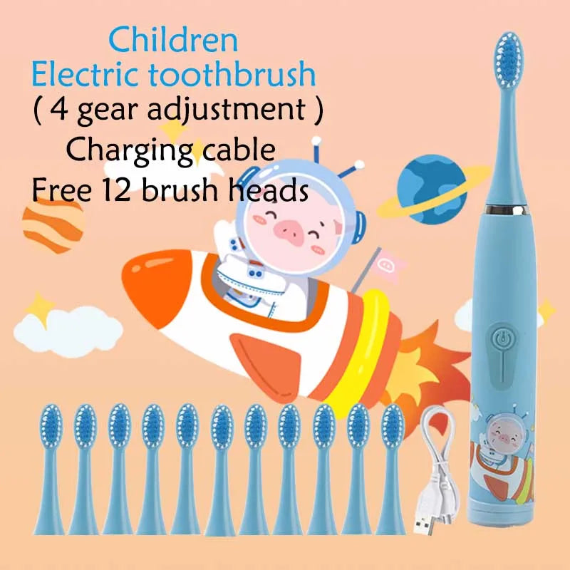 Children Electric Toothbrush Cartoon Kids With Replacement Head Ultrasonic IPX7 Waterproof Rechargeable Sonic Toothbrush