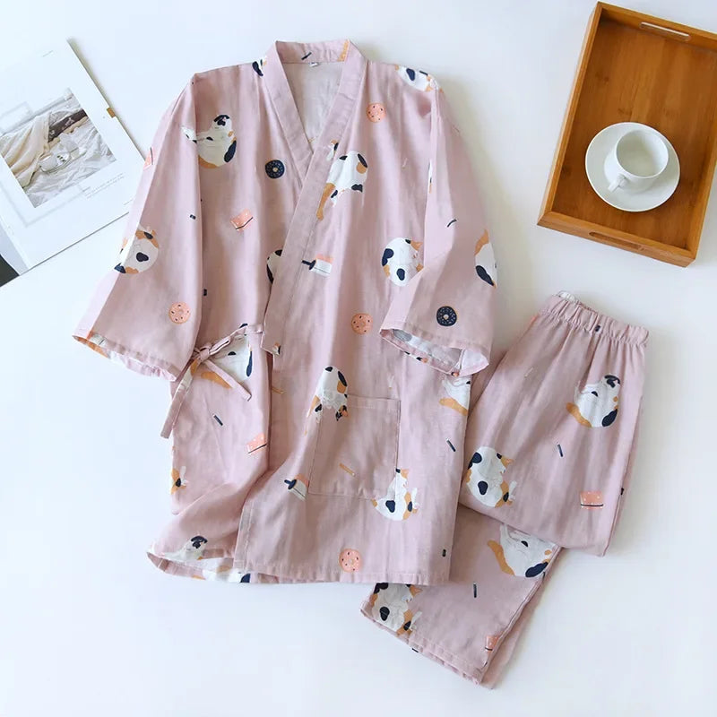 Seven-sleeve Japanese-style kimono pajamas set female spring and autumn 100% cotton gauze home clothes cute sweet two-p