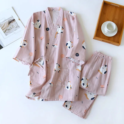 Seven-sleeve Japanese-style kimono pajamas set female spring and autumn 100% cotton gauze home clothes cute sweet two-p