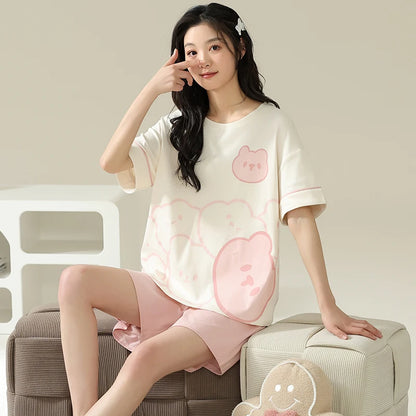 Women 100% Cotton High Quality Pajamas Short Sleeve Shorts Summer Pijamas Fashion Sleepwear Kawaii Bear Home Clothing Nightwear