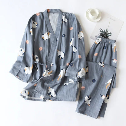 Seven-sleeve Japanese-style kimono pajamas set female spring and autumn 100% cotton gauze home clothes cute sweet two-p