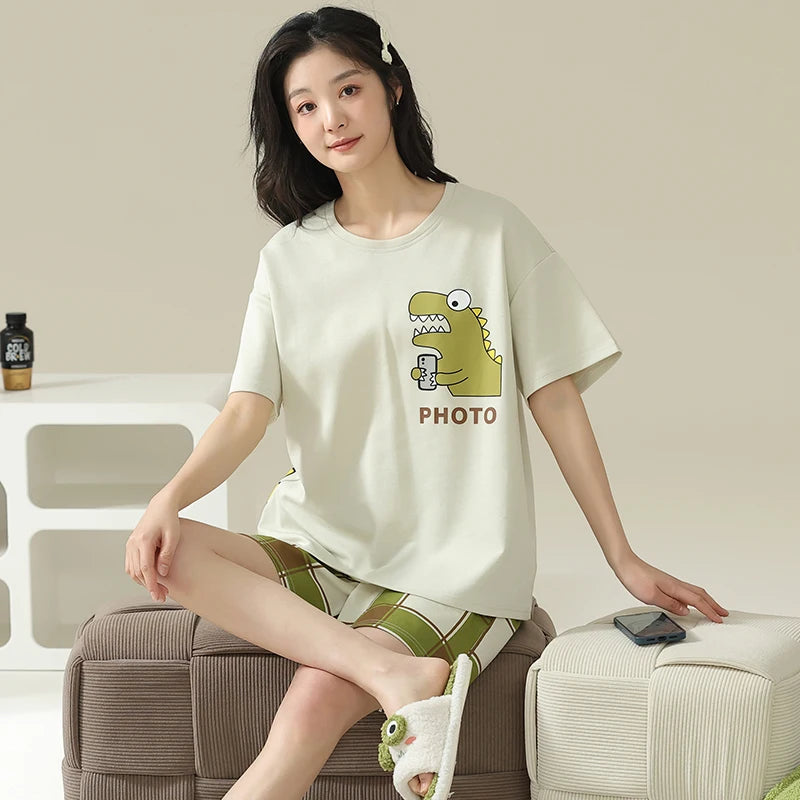 Women 100% Cotton High Quality Pajamas Short Sleeve Shorts Summer Pijamas Fashion Sleepwear Kawaii Bear Home Clothing Nightwear