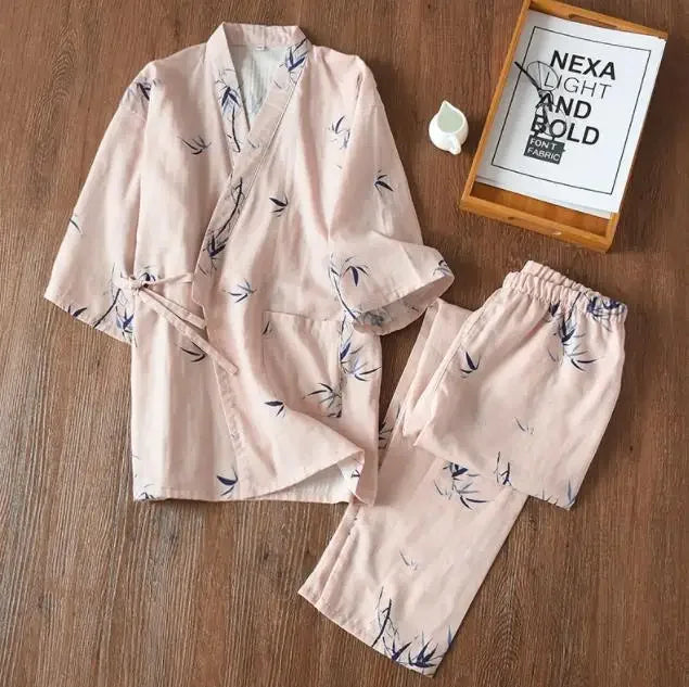 Seven-sleeve Japanese-style kimono pajamas set female spring and autumn 100% cotton gauze home clothes cute sweet two-p