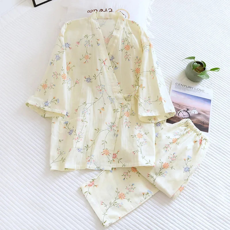 Seven-sleeve Japanese-style kimono pajamas set female spring and autumn 100% cotton gauze home clothes cute sweet two-p