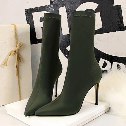 Women 7.5cm 10cm High Heels Silk Sock Boots Green Low Heels Short Ankle Boots Lady Winter Pointed Toe Satin Sexy Shoes