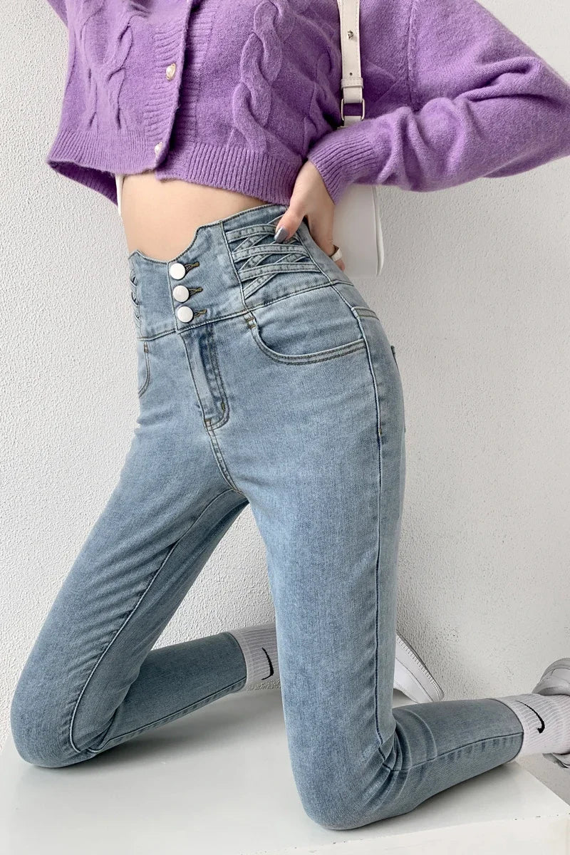 ZOENOVA Skinny Pencil Jeans Four Buttons Vintage High Waist Women Slim Stretch Denim Pants Tight Trousers Women's Pants