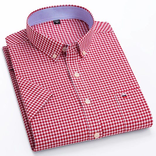 100% Pure Cotton Men's Oxford Short Sleeve Square Collar Soild Plaid Striped Summer Casual Shirts Single Pocket Shirt