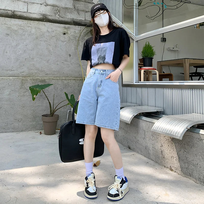 ZOENOVA Belted Shorts Jeans Women Baggy Y2K Fashion Straight Vintage Streetwear Denim Summer Loose Femme Denim Short Pants