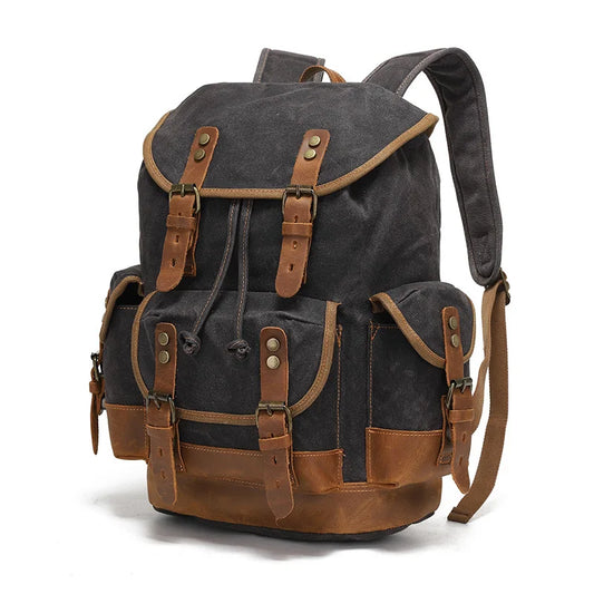 Men's leather backpack for men mochila hombre High Capacity Waxed Canvas Vintage Backpack for School Hiking Travel Rucksack