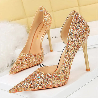 Women 7cm 10.5cm Super High Heels Blue Gold Pumps Sexy Sequins Bling Low Heels Lady Scarpins Luxury Stiletto Sparkly Party Shoes
