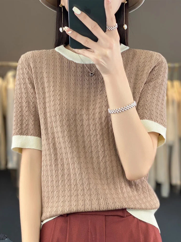 Summer New Women Cool Silk Short-sleeved Tees O-Neck Fashion Color Matching Twists T-shirt Loose Half-sleeved All-match Top