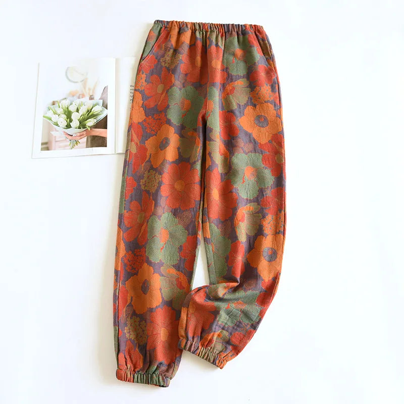 Spring Summer Women's Pajamas 100% Cotton Crepe Pants Women's Comfortable Loose Large Leaf Home Pants Thin bottoms