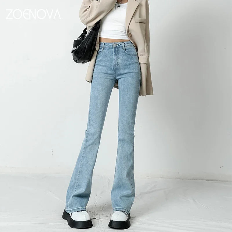 ZOENOVA Women Flared Jeans Loose Denim Pants Bottom Straight High Waist Stretch Urban Female Flare Trouser Fashion 6 Color