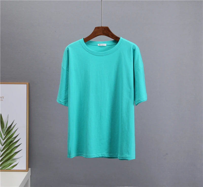 Hirsionsan Basic Cotton T Shirt Women Summer New Loose Solid Tees 19 Color Casual Loose Tshirt Oversized O Neck Female Tops