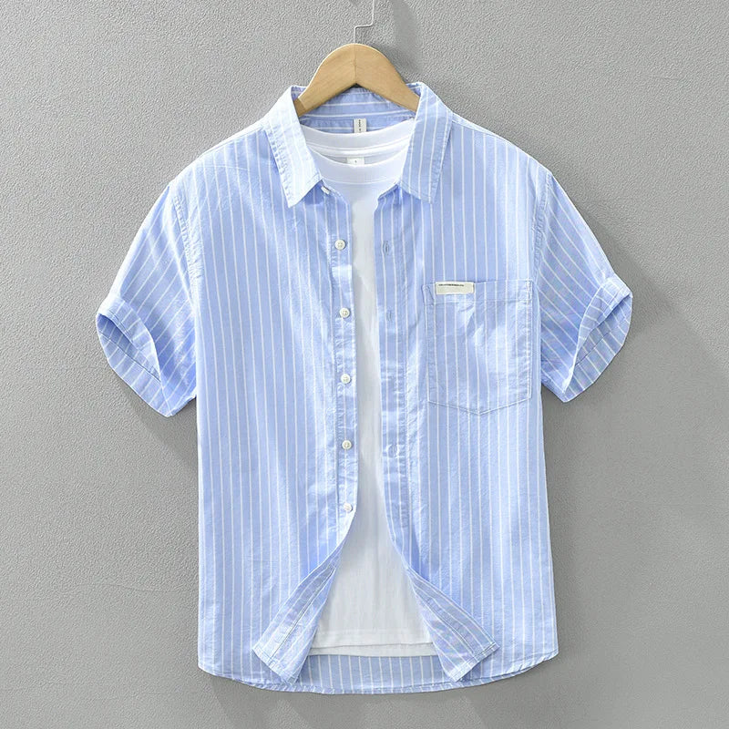 Spring Summer New Fresh Striped Pure Cotton Short Sleeve Shirts Men Clothing Casual Thin Comfortable Streetwear CM8019