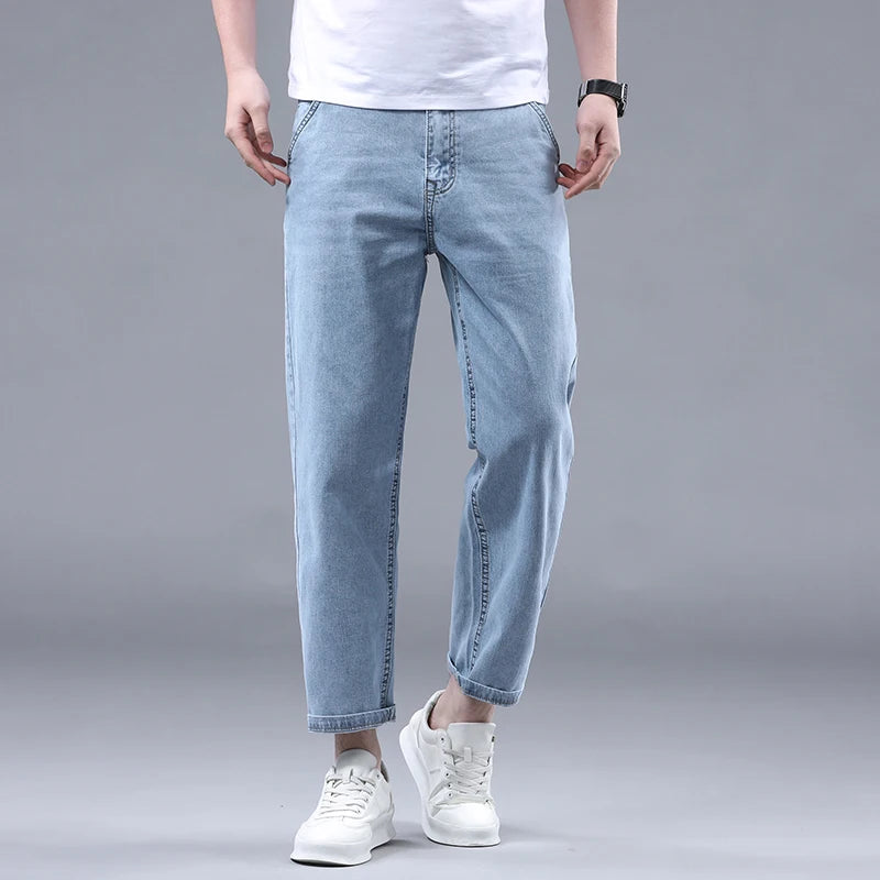 New Summer 95% Cotton Straight Thin Jeans for Men Classic Style Stretch Soft Fabric Light Blue Denim Ankle-Length Pants Male