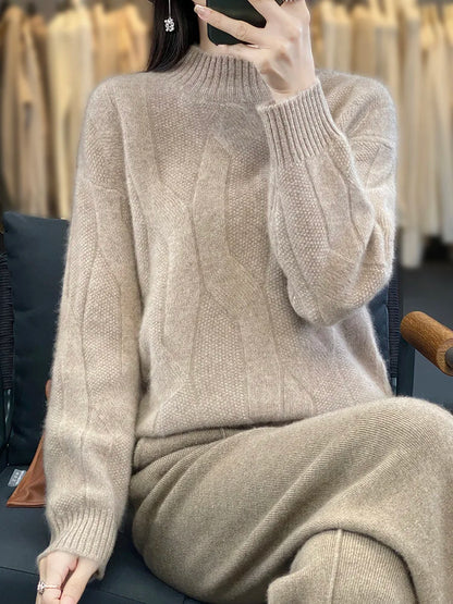 Women's Soft Wool Sweater Half-high Collar Twisted Thickened Pullover Autumn Winter Casual Basis Top Cashmere Female Knitwear