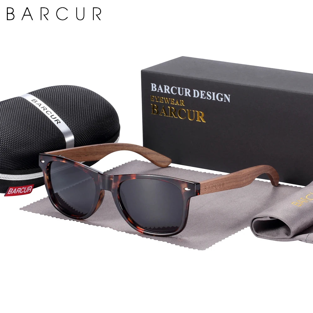 BARCUR Black Walnut Sunglasses Wood Polarized Sunglasses Men Glasses Men UV400 Protection Eyewear Wooden Original Box