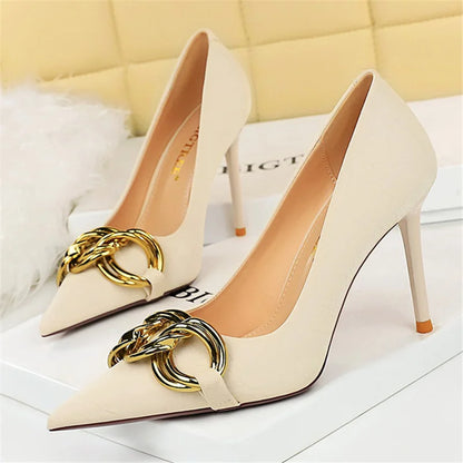 Women 7.5cm 9.5cm High Heels Escarpins Pumps Lady Metal Chain Low Heels Nightclub Slim Fit Party Green Office Prom Shoes