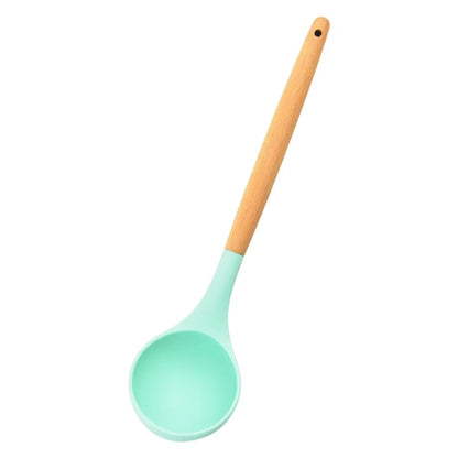 Round Silicone Wooden Handle Soup Spoon Korean Ramen Noodles Bouillon Cooking Long Ladle Japanese Kitchen Tablespoons Tableware