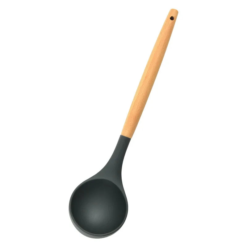 Round Silicone Wooden Handle Soup Spoon Korean Ramen Noodles Bouillon Cooking Long Ladle Japanese Kitchen Tablespoons Tableware