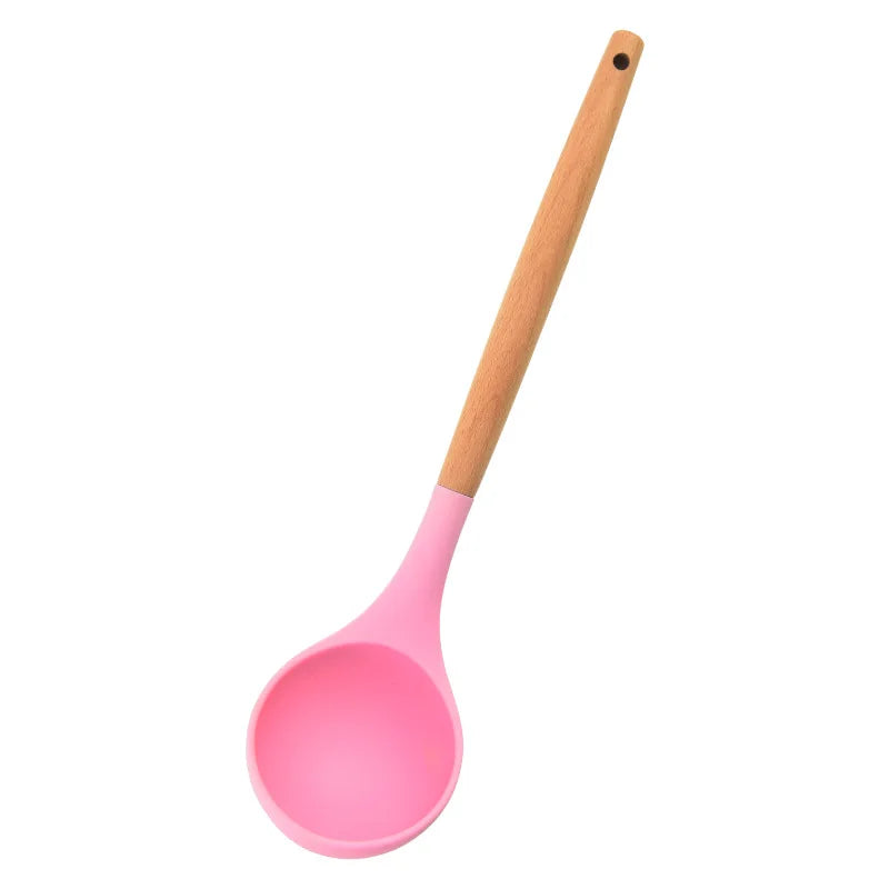 Round Silicone Wooden Handle Soup Spoon Korean Ramen Noodles Bouillon Cooking Long Ladle Japanese Kitchen Tablespoons Tableware