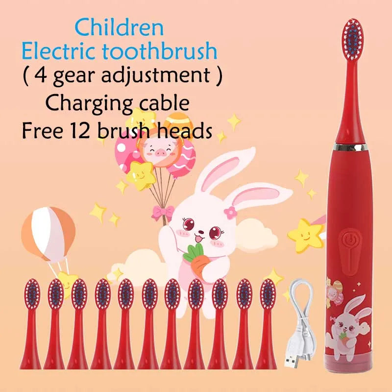 Child's USB Sonic Electric Toothbrush Rechargeable Colorful Cartoon Brush Kids Automatic IPX7 Waterproof With Replacement Heads