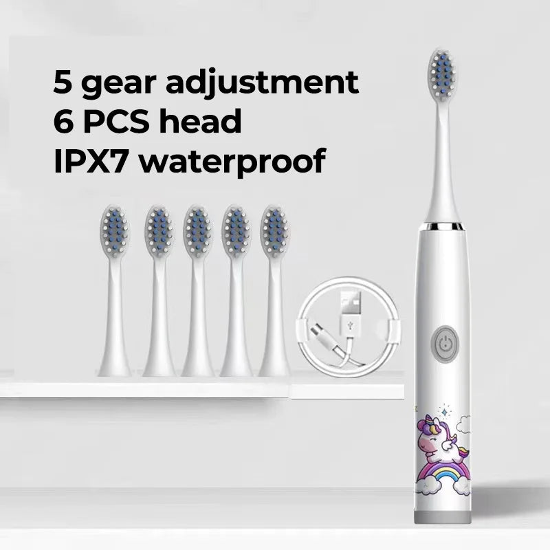 Child's USB Sonic Electric Toothbrush Rechargeable Colorful Cartoon Brush Kids Automatic IPX7 Waterproof With Replacement Heads