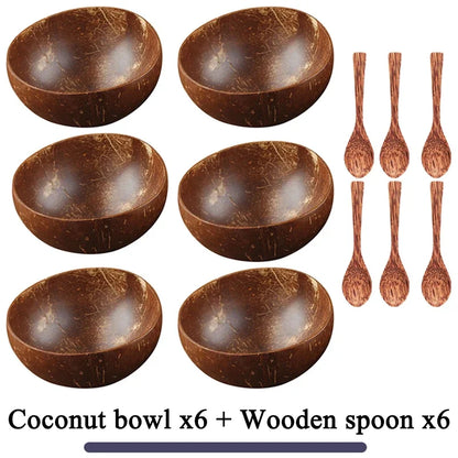 Women 12-15cm Natural Coconut Bowl Dinner Set Handmade Wooden Tableware Wood Spoon Dessert Fruit Salad Mixing Rice Ramen Bowl