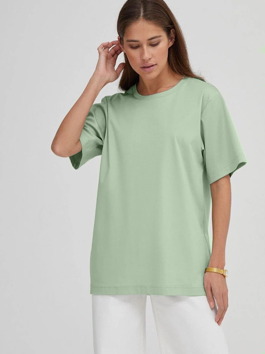 Hirsionsan 100% Cotton T Shirt Women Summer New Oversized Solid Tees Casual Basic Loose Tshirt Chic O Neck Female Tops