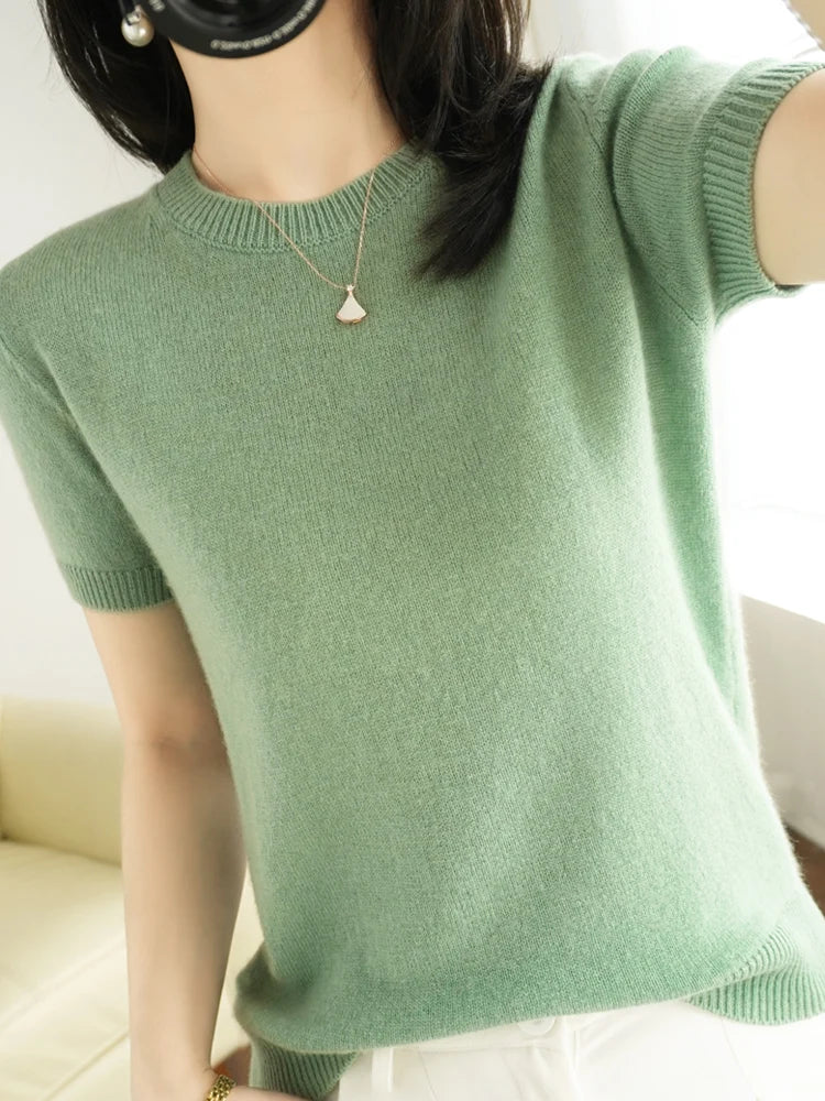 New Short-sleeved Knitwear Women O-neck T-shirt Wool Cotton Blend Pullover Vest Sprig Summer Bottoming Tops Sweater Solid Soft