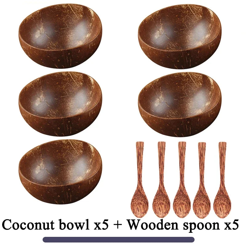 Women 12-15cm Natural Coconut Bowl Dinner Set Handmade Wooden Tableware Wood Spoon Dessert Fruit Salad Mixing Rice Ramen Bowl