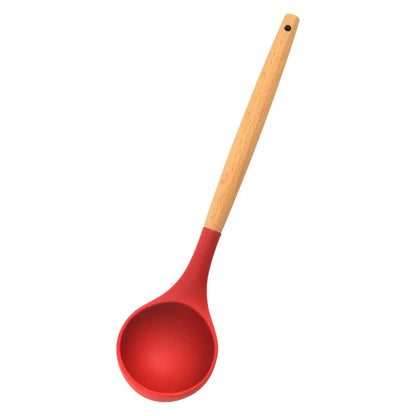 Round Silicone Wooden Handle Soup Spoon Korean Ramen Noodles Bouillon Cooking Long Ladle Japanese Kitchen Tablespoons Tableware