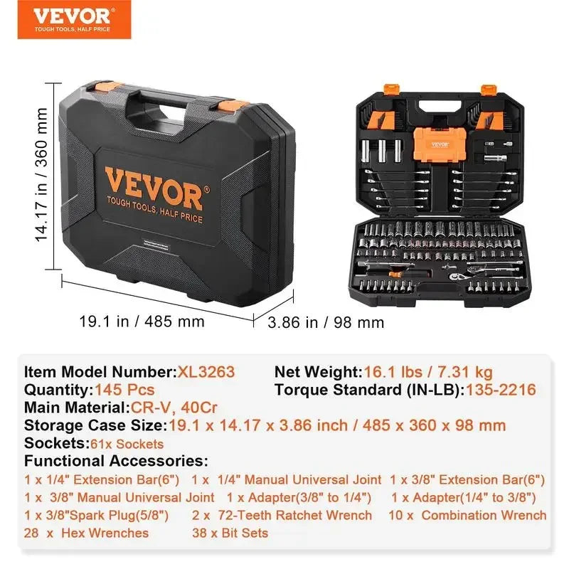 VEVOR Mechanics Tool Set and Socket Set,1/4" 3/8" 1/2" Drive Deep and Standard Sockets,Max 450 Pcs SAE and Metric Mechanic Tool