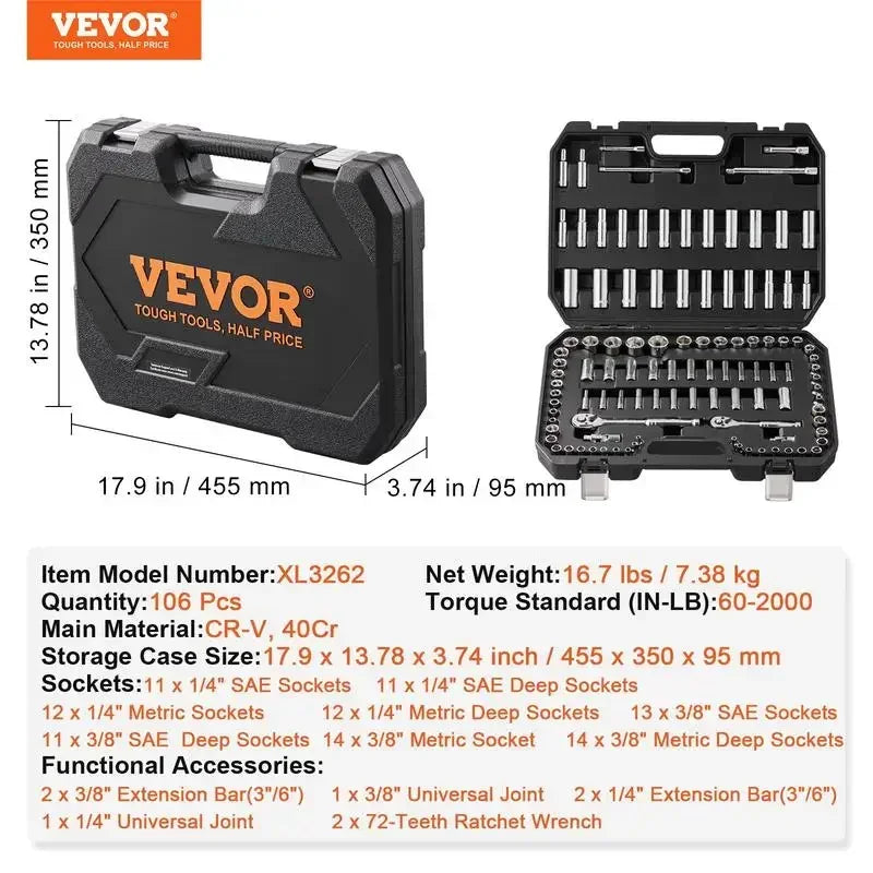 VEVOR Mechanics Tool Set and Socket Set,1/4" 3/8" 1/2" Drive Deep and Standard Sockets,Max 450 Pcs SAE and Metric Mechanic Tool