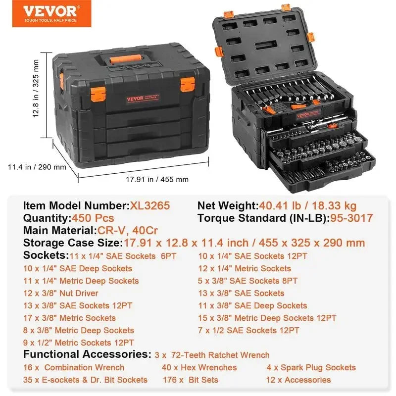 VEVOR Mechanics Tool Set and Socket Set,1/4" 3/8" 1/2" Drive Deep and Standard Sockets,Max 450 Pcs SAE and Metric Mechanic Tool