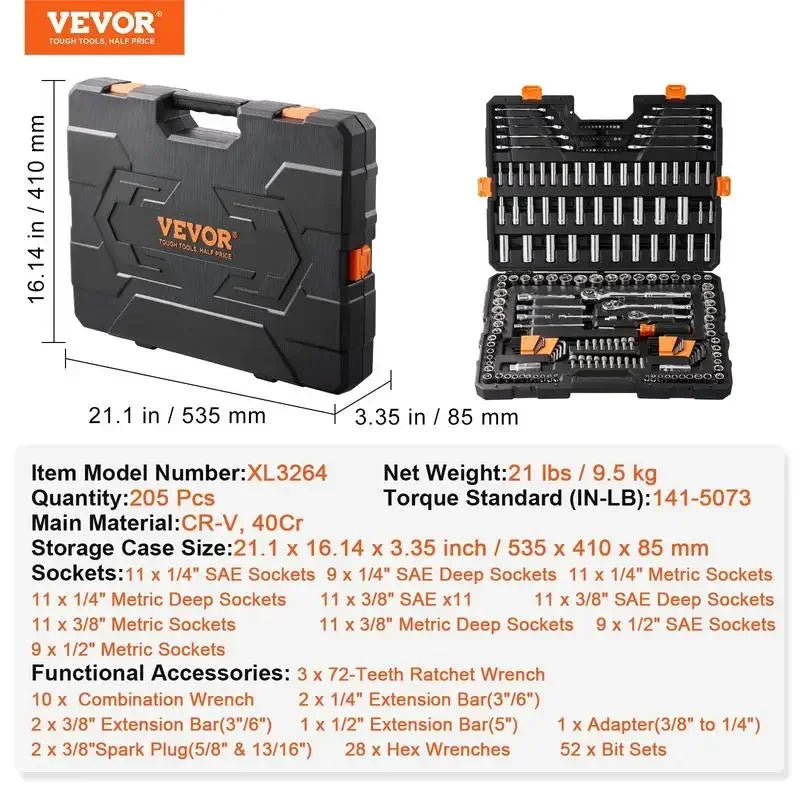 VEVOR Mechanics Tool Set and Socket Set,1/4" 3/8" 1/2" Drive Deep and Standard Sockets,Max 450 Pcs SAE and Metric Mechanic Tool