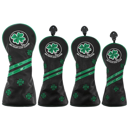 Golf Headcover for Driver Fairway Hybrid Blade Putter PU Leather Waterproof Four Leaf Clover Golf Wood Head Cover Number Tag