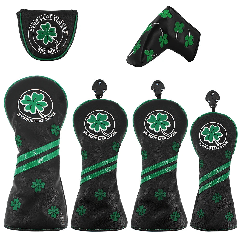 Golf Headcover for Driver Fairway Hybrid Blade Putter PU Leather Waterproof Four Leaf Clover Golf Wood Head Cover Number Tag