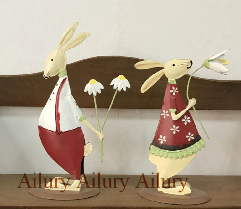 Red Shy Cute Rabbit,Double-sided Smll Buny,Easter Holding Flowers,Wedding Ornaments,Window Home Decoration,Desktop