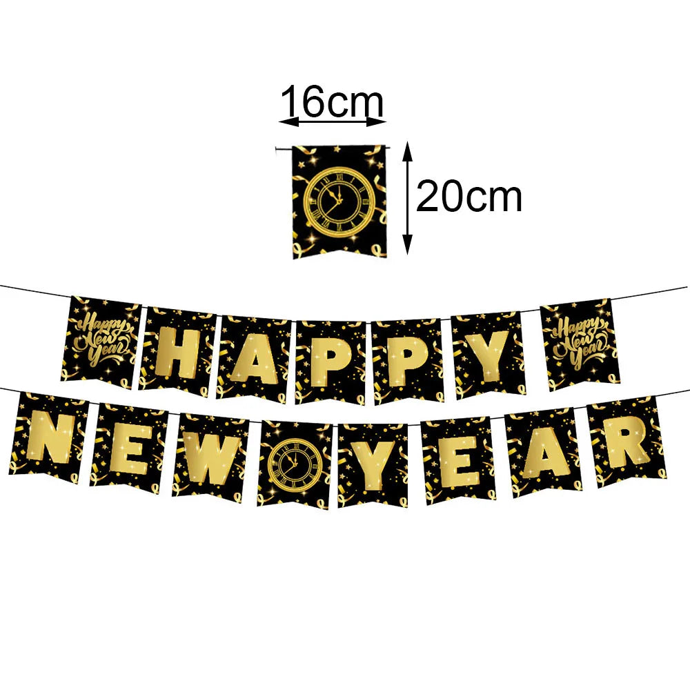 New Year Theme Disposable Tableware Paper Plates Cups Napkins Happy New Year 2025 Black Golden Party Decoration Supplies