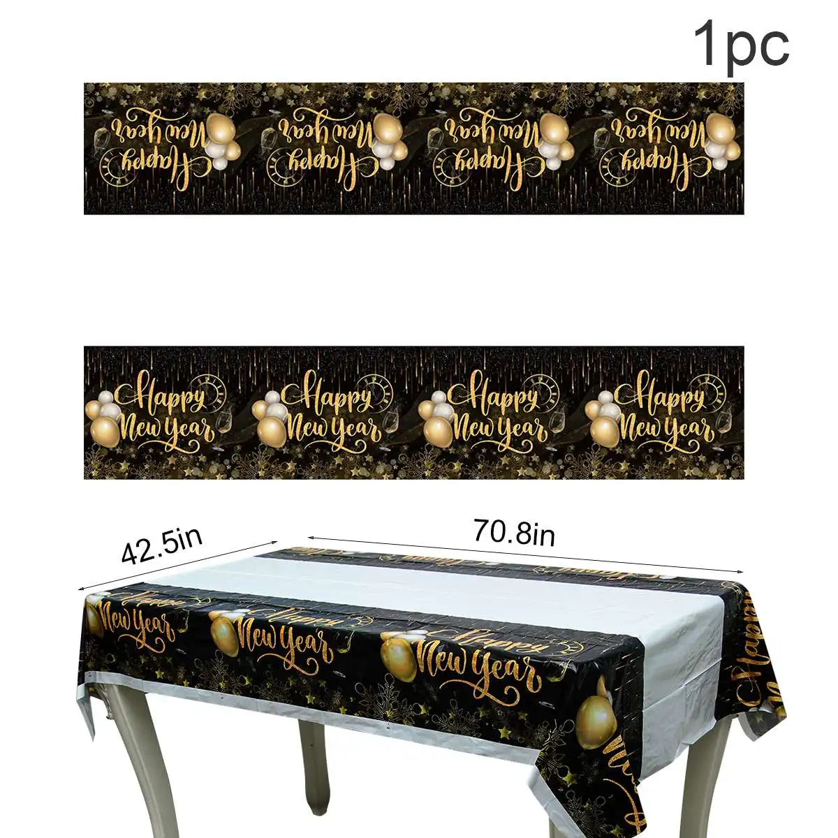 Happy New Year Black Gold Tablecloth Black Plate Cup Napkins Birthday Party Elegant Disposable Cutlery New Year Party Supplies