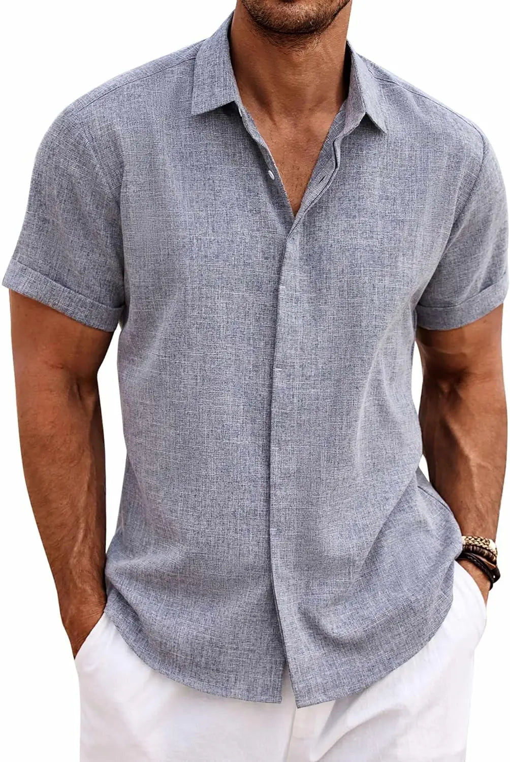 Men's Fashion Casual Solid Color Shirt Pullover Button Linen Cotton Comfortable Daily Top Short Sleeve Shirt Beach Summer Shirt