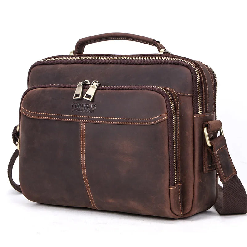 CONTACT'S Crazy Horse Leather Men Messenger Bag Vintage Man Crossbody Bag Handbags Large Capacity Male Shoulder Bags Bolsos