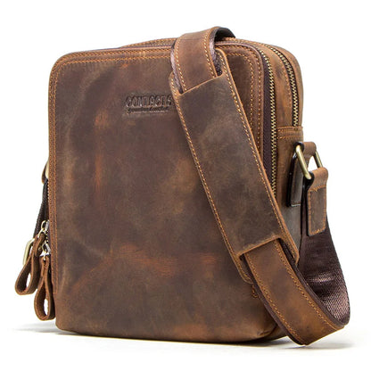 CONTACT'S Genuine Leather Men's Messenger Bag Vintage Shoulder Bags for 7.9" Ipad Mini High Quality Male Crossbody Bag