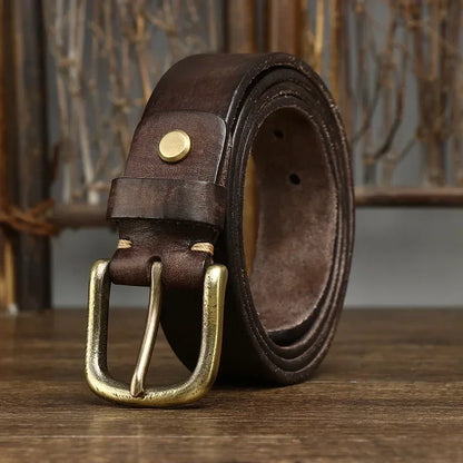 3.3CM Genuine Leather Belt Men Luxury Strap Male Fashion Pure Cowhide Copper Buckle Wild Classic Retro Pin Buckle High Quality