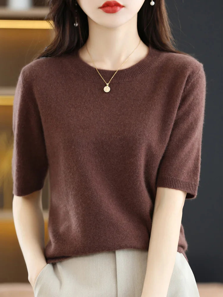 New Short-sleeved Knitwear Women O-neck T-shirt Wool Cotton Blend Pullover Vest Sprig Summer Bottoming Tops Sweater Solid Soft